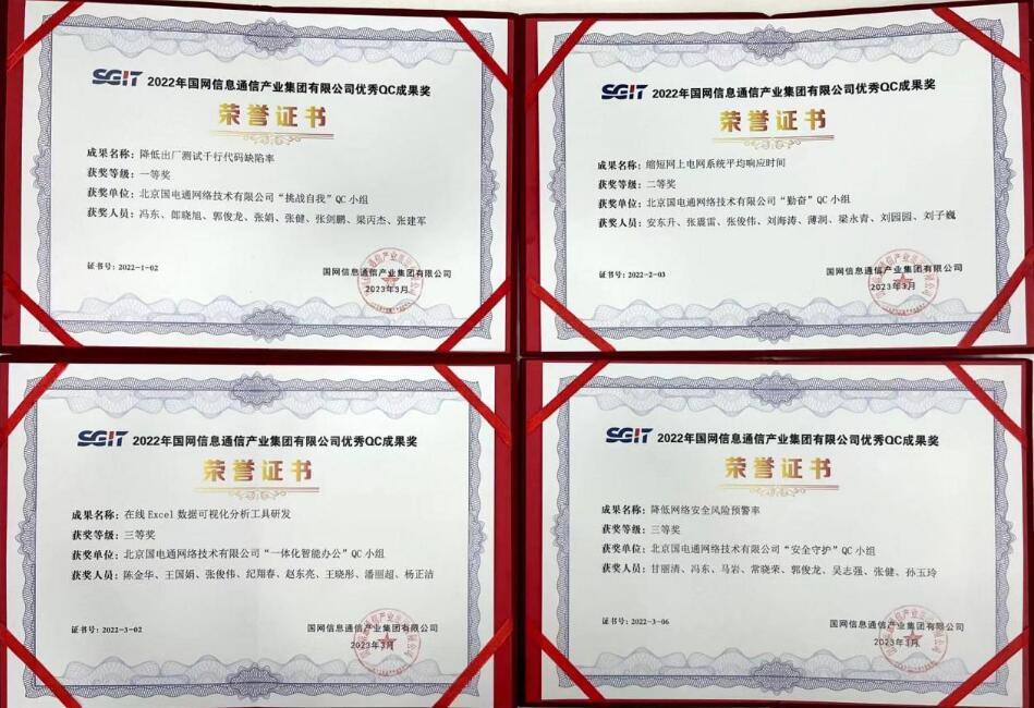 信產(chǎn)國(guó)電通四項(xiàng)QC成果分獲國(guó)網(wǎng)信通產(chǎn)業(yè)集團(tuán)2022年優(yōu)秀QC小組成果一、二、三等獎(jiǎng)