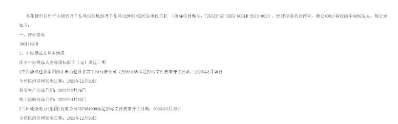 7.30億元！中國能建200MW風(fēng)電項目EPC總承包工程中標(biāo)候選人公示