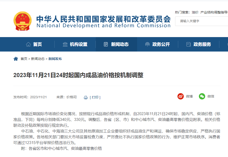 今晚，油價下調(diào)!附各省汽、柴油最高零售價